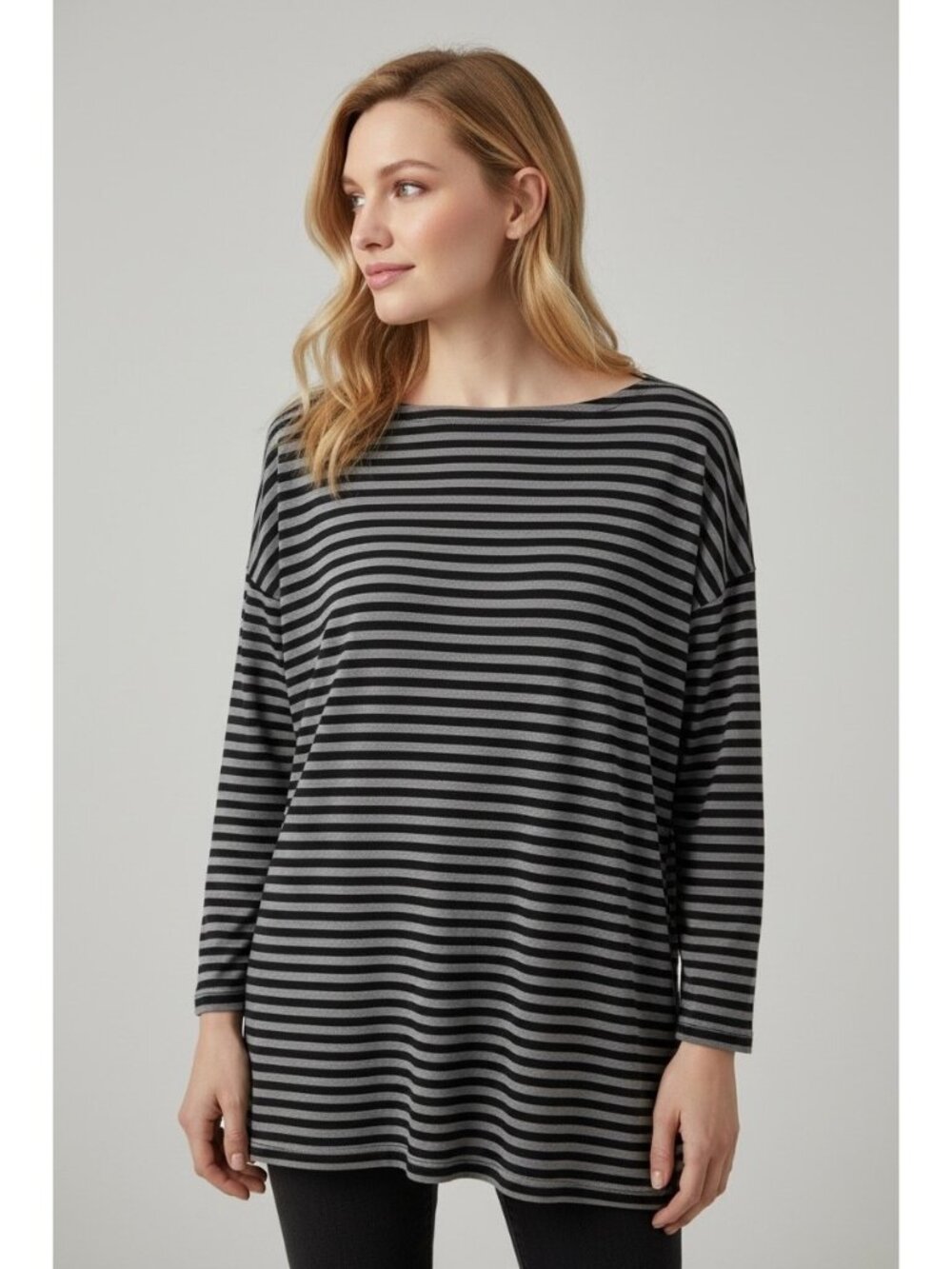 Eileen Fisher Black Gray Striped Tencel Lyocell Oversized Tunic Top Small